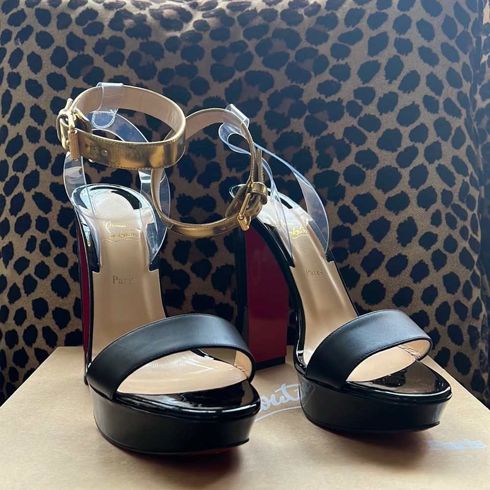 EUC Christian Louboutin Black Patent Leather Platform Heeled Sandal Size 39.5